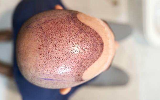 Crâne rasé en préparation d'une greffe de cheveux