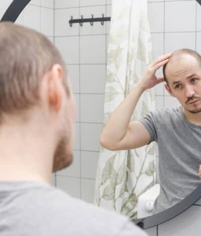 Un homme préoccupé par sa perte de cheveux s’observe dans le miroir