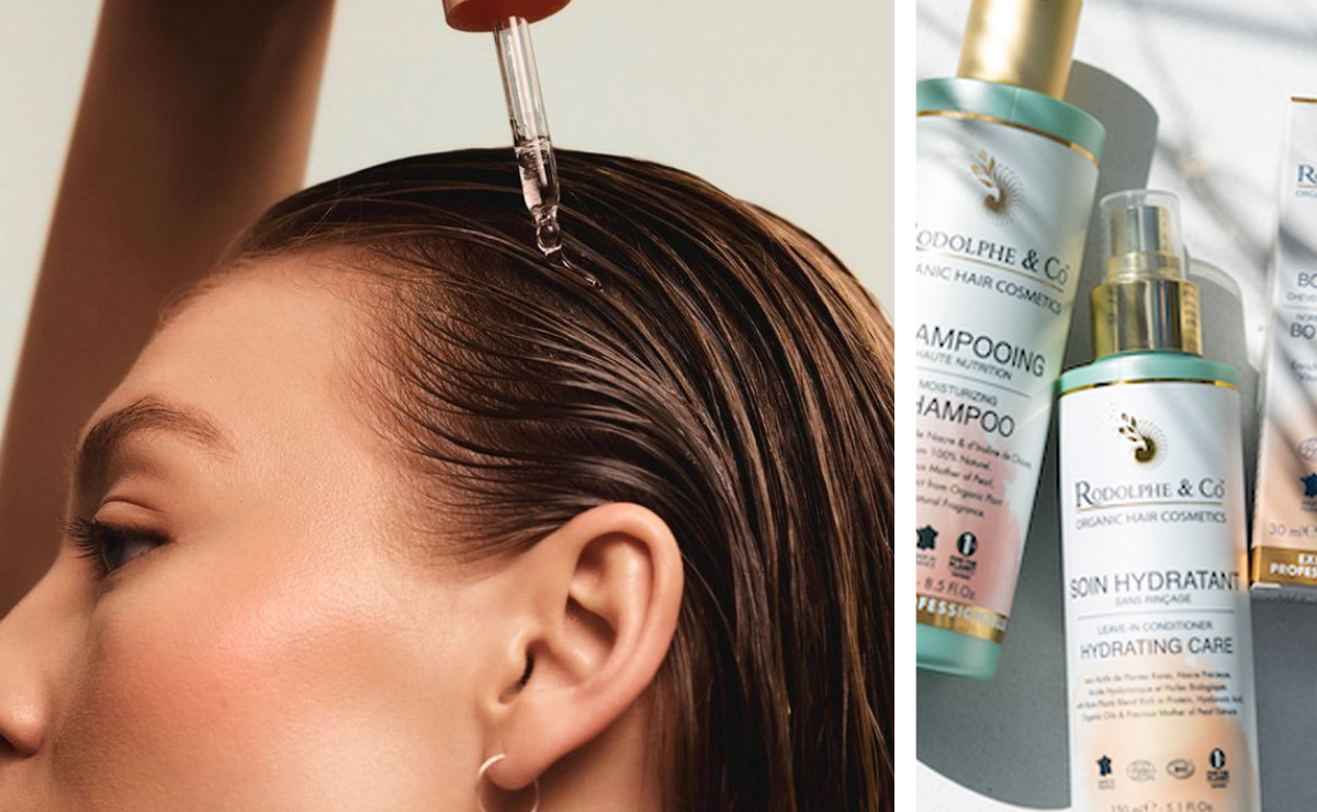 Sérum déposé sur le cuir chevelu d'une femme avec produits Rodolphe & co à droite
